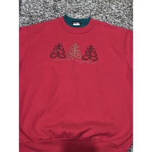 VINTAGE L Sweatshirt Red Bedazzled Christmas Trees SUNBURST Long Sleeve Grandma